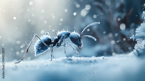 An ice-coated ant moving through a snowy landscape, with a frostily blurred background. frostveil. illustration. Frostleaf. Illustration photo