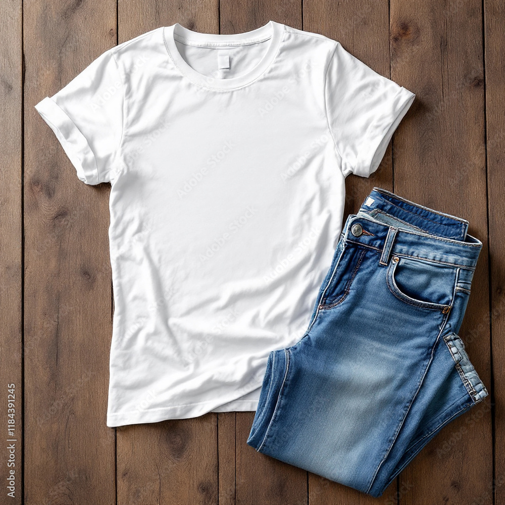 High-quality mockup featuring a white t-shirt and blue jeans on a rustic wooden background. Ideal for fashion branding, apparel design, and e-commerce. High-quality mockup featuring a white t-shirt and blue jeans on a rustic wooden background. Ideal for fashion branding, apparel design, and e-commerce.