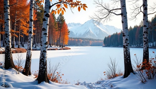 Birch forest with a frozen lake in the background, cold weather, lakes in forests photo