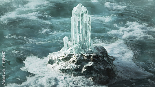 Cubes ice tower emerges like a crystal sentinel in the depths of the canyon. Frostleaf. Illustration photo