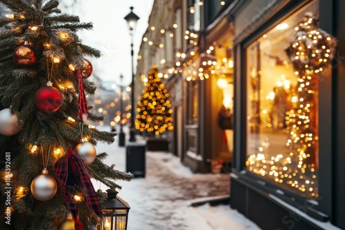 Wallpaper Mural An urban avenue lit up for the holidays, with colorful lights draped across trees and decorations adorning storefronts Torontodigital.ca