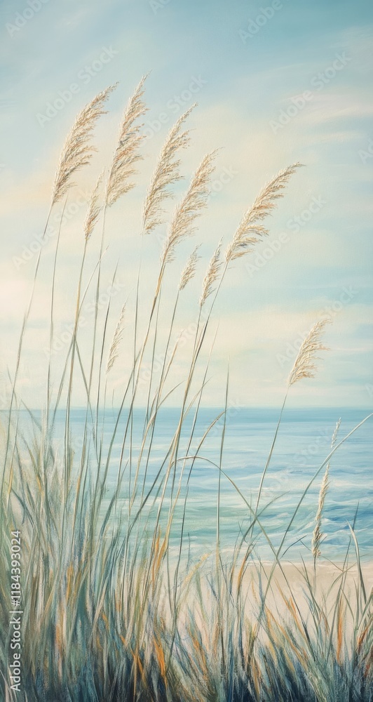 Serene landscape painting of tall grass swaying in breeze, calm sea, and clear sky in soft pastel colors Serene landscape painting of tall grass swaying in breeze, calm sea, and clear sky in soft pastel colors