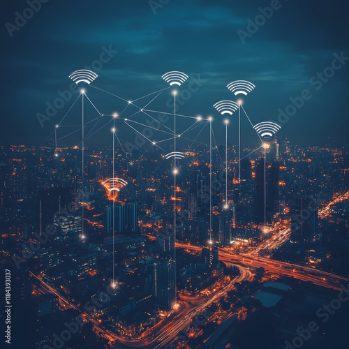 Wireless Network Visualization Across Urban Skyline Night photo