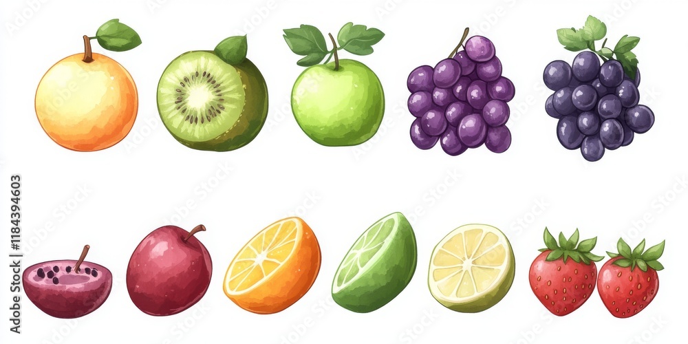 Bright and vivid watercolor fruit set featuring apples, kiwis, grapes, oranges, lemons, strawberries, peaches, limes, and berries, perfect for packaging or graphic art Bright and vivid watercolor fruit set featuring apples, kiwis, grapes, oranges, lemons, strawberries, peaches, limes, and berries, perfect for packaging or graphic art