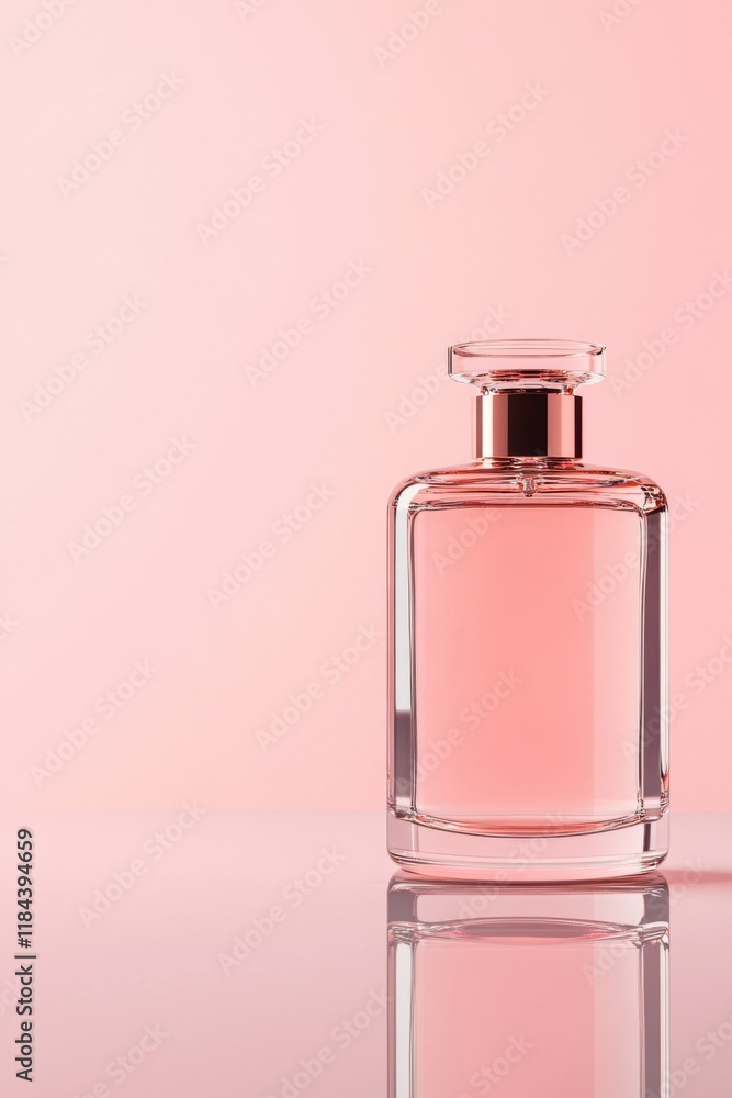 Elegant perfume bottle with a rose gold cap on a soft pink background reflecting light Elegant perfume bottle with a rose gold cap on a soft pink background reflecting light