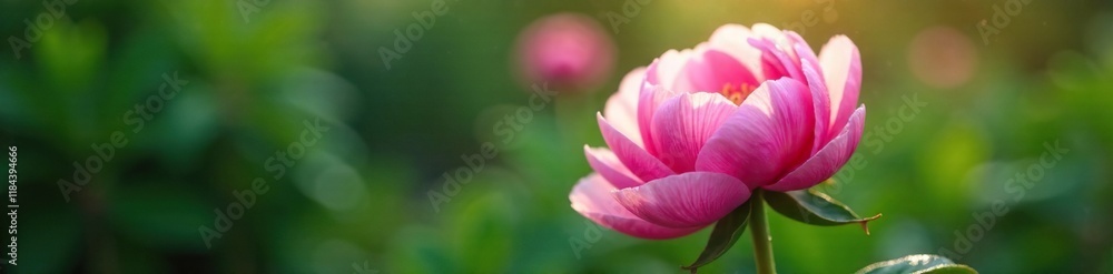 A delicate peony unfolding its petals in the morning dew, garden, dewdrop, foliage A delicate peony unfolding its petals in the morning dew, garden, dewdrop, foliage