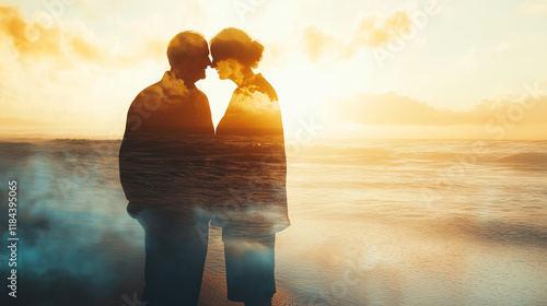 Gentle Waves and Elderly Love: Double Exposure Art at Sunrise