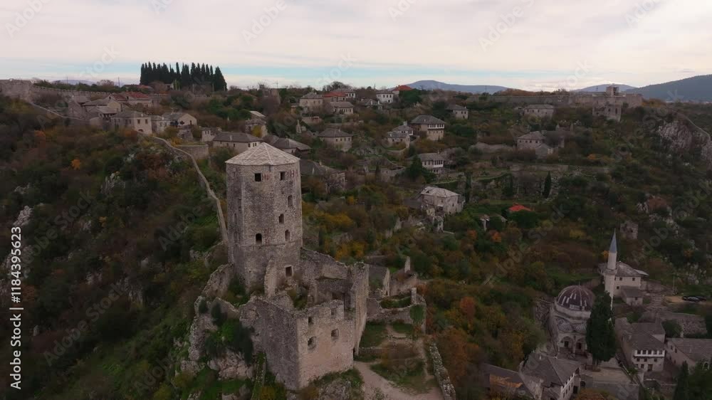 Aerial view of pocitelj fortress overlooking the neretva river and the picturesque village, pocitelj, bosnia and herzegovina. Aerial view of pocitelj fortress overlooking the neretva river and the picturesque village, pocitelj, bosnia and herzegovina.