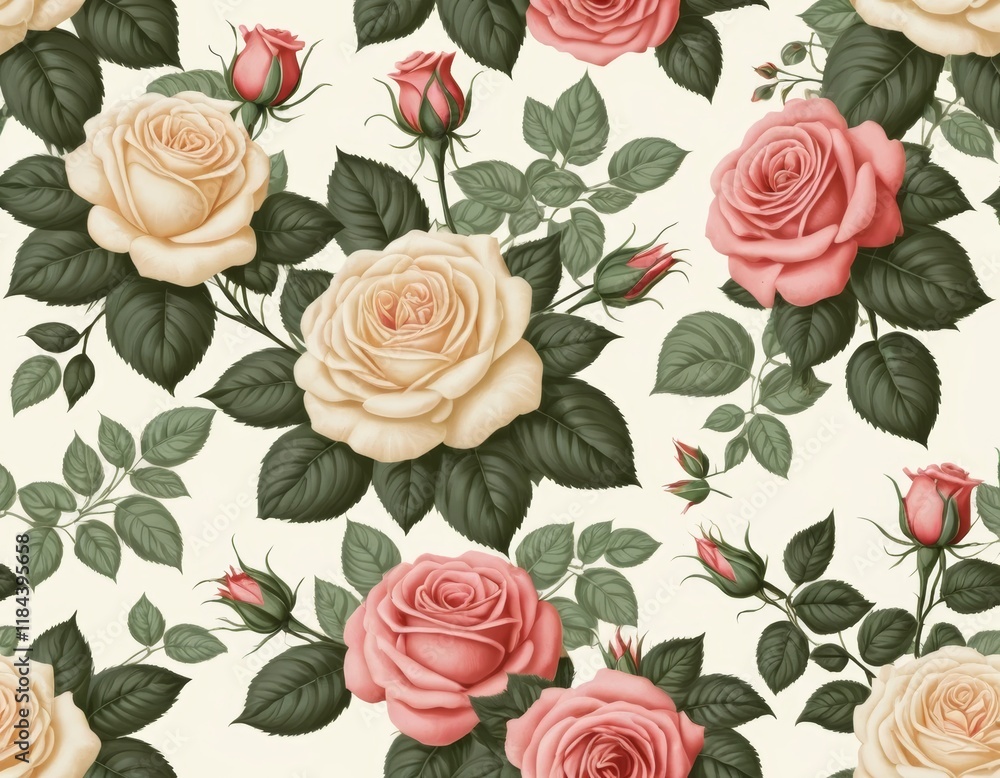 Elegant Seamless Pattern of Pink and Cream Roses with Lush Green Leaves Elegant Seamless Pattern of Pink and Cream Roses with Lush Green Leaves