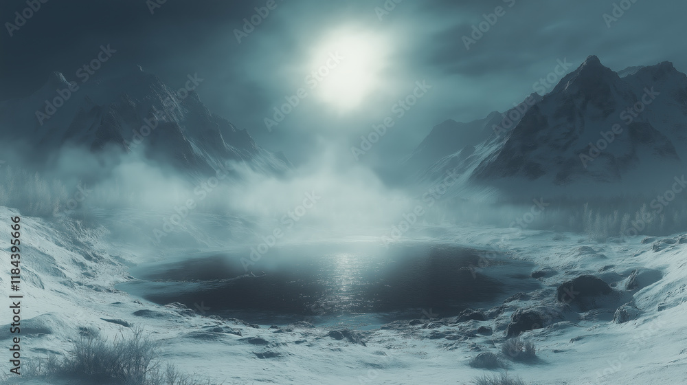 Naklejka premium Mystical alpine lake under moonlit winter sky surrounded by snow covered mountains