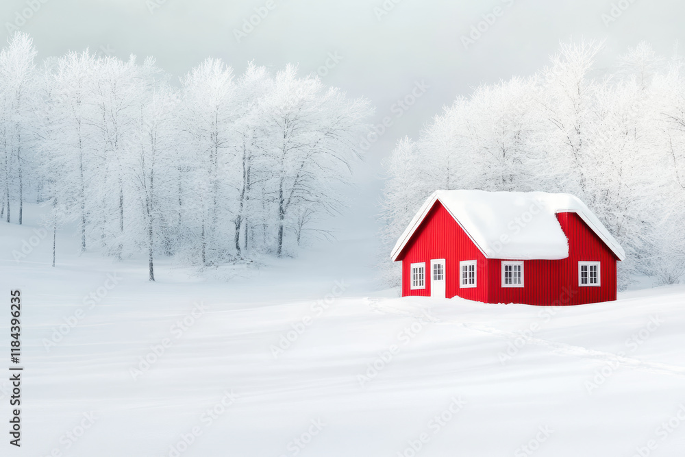 Charming Red Cabin in Serene Snowy Landscape with Frost Covered Trees Charming Red Cabin in Serene Snowy Landscape with Frost Covered Trees