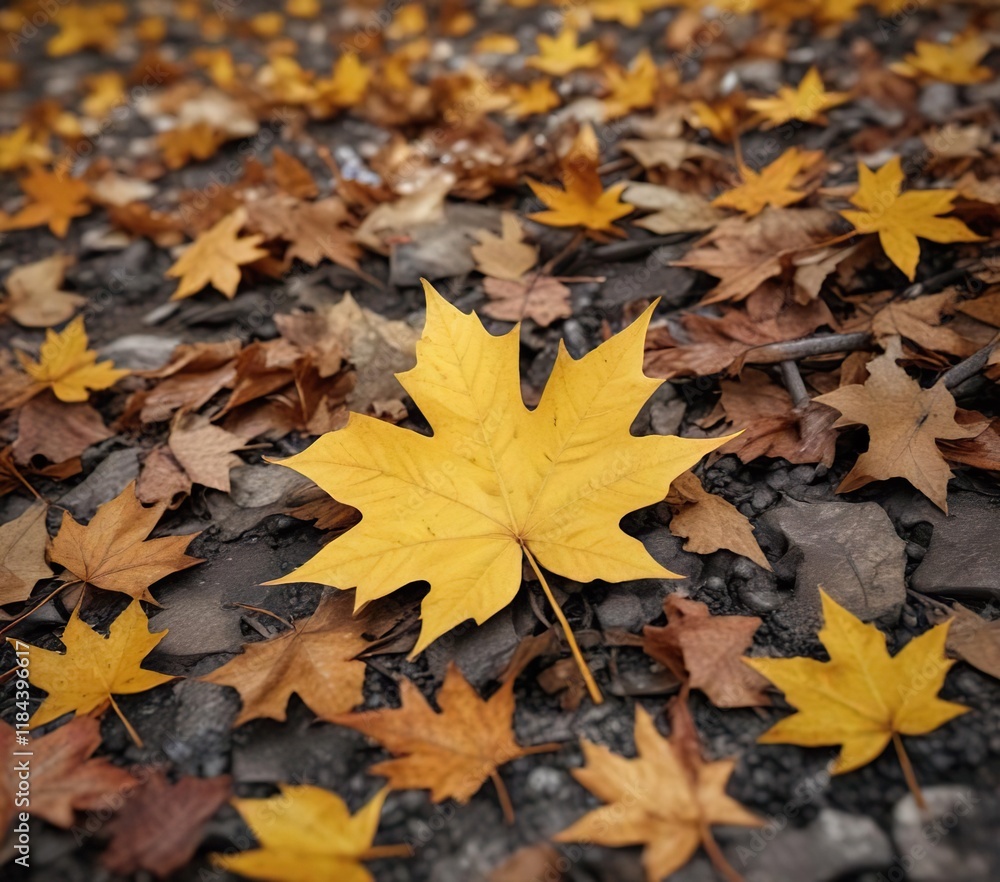 Vibrant autumn yellow maple leaf amidst a sea of withered leaves on the ground, , leafy greens Vibrant autumn yellow maple leaf amidst a sea of withered leaves on the ground, , leafy greens