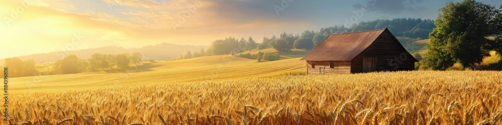 Rustic cabin in golden wheat field at sunrise with rolling hills and trees in background Rustic cabin in golden wheat field at sunrise with rolling hills and trees in background