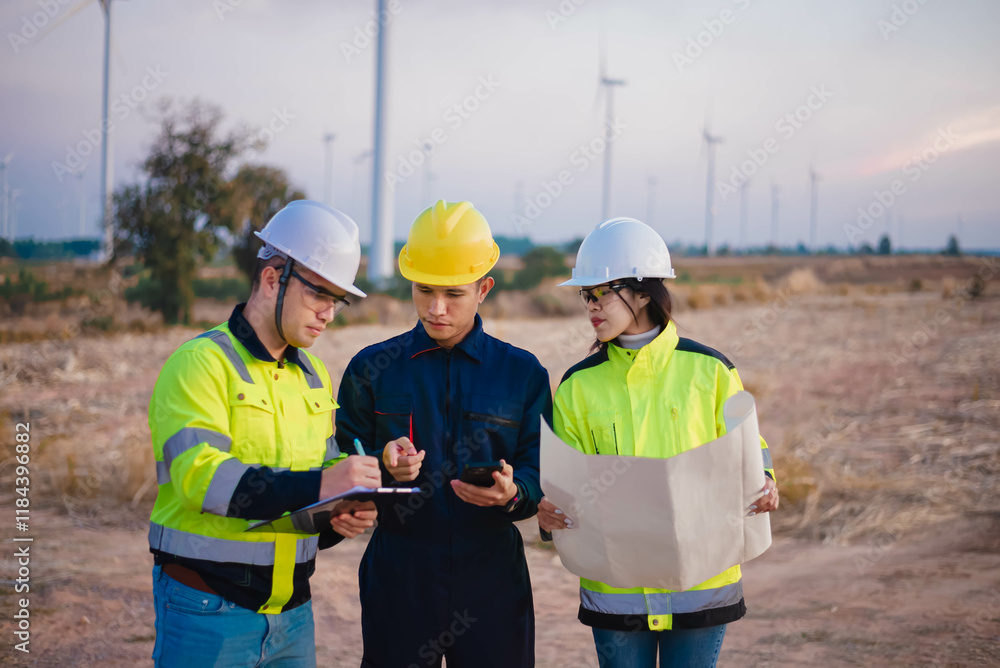 Engineer, technician, and architect met to inspect the area for installing wind turbines to produce renewable energy for the community. Engineer, technician, and architect met to inspect the area for installing wind turbines to produce renewable energy for the community.
