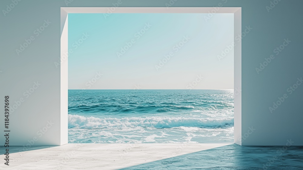 Fototapeta premium Serene Ocean View Through Open Window in Modern Minimalist Space
