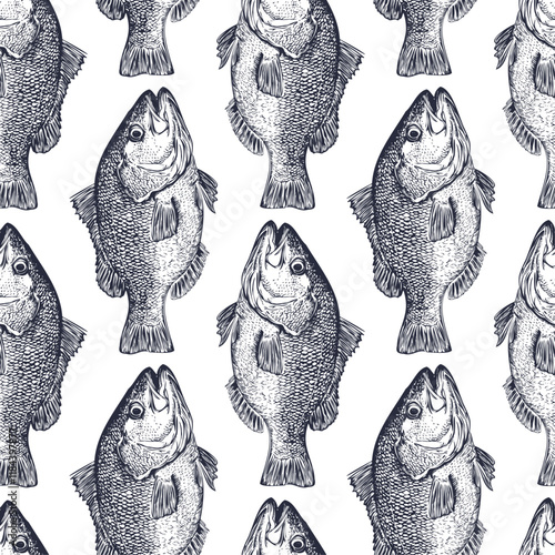 Great graphic seamless vector pattern with fish. Pattern without background is ideal for packaging salted and dried fish, fish snacks. Dorado, sea bass, roach, loin, siskin, bream. Pattern for bar.