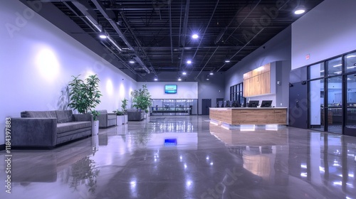 A contemporary lobby of a cannabis cultivation facility featuring polished concrete floors, comfortable seating, and abundant natural light from expansive windows photo