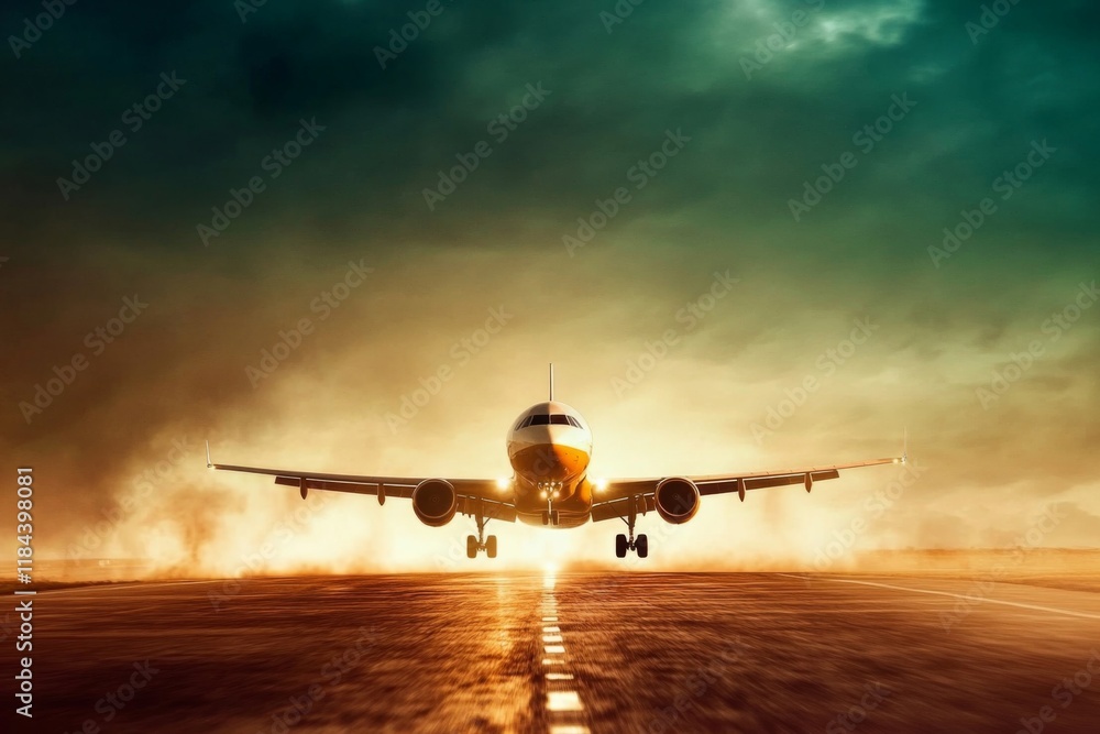 Naklejka premium Front view of an aircraft accelerating down the runway.