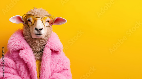 Sheep wearing pink coat and sunglasses on vibrant yellow background