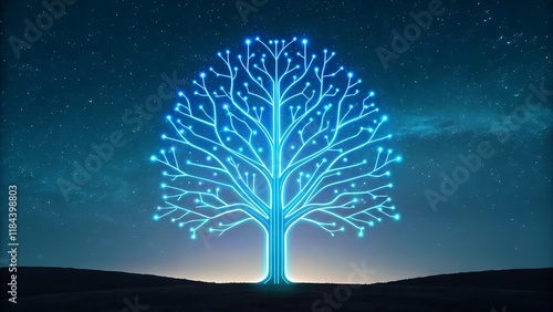 Illuminated Digital Tree Against a Starry Night Sky