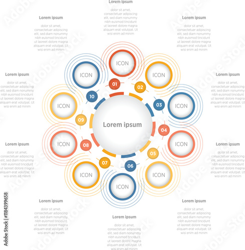 Modern Infographic design elements for your business data with 10 options, parts, steps, timelines or processes, Circle round concept. Vector Illustration.