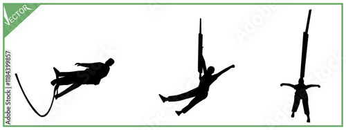 Bungee jumping silhouette set. Isolated on white background. Extreme sport.