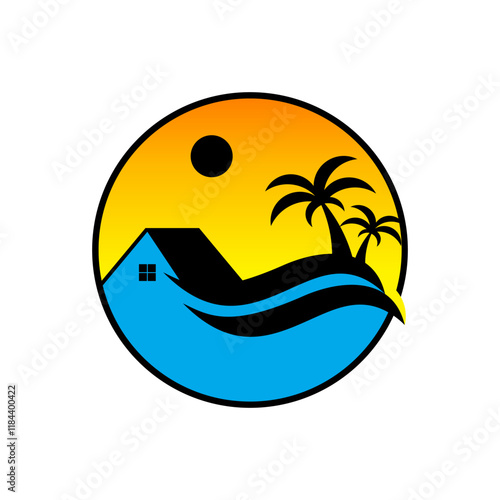 logo of house and coconut tree and water by the beach.