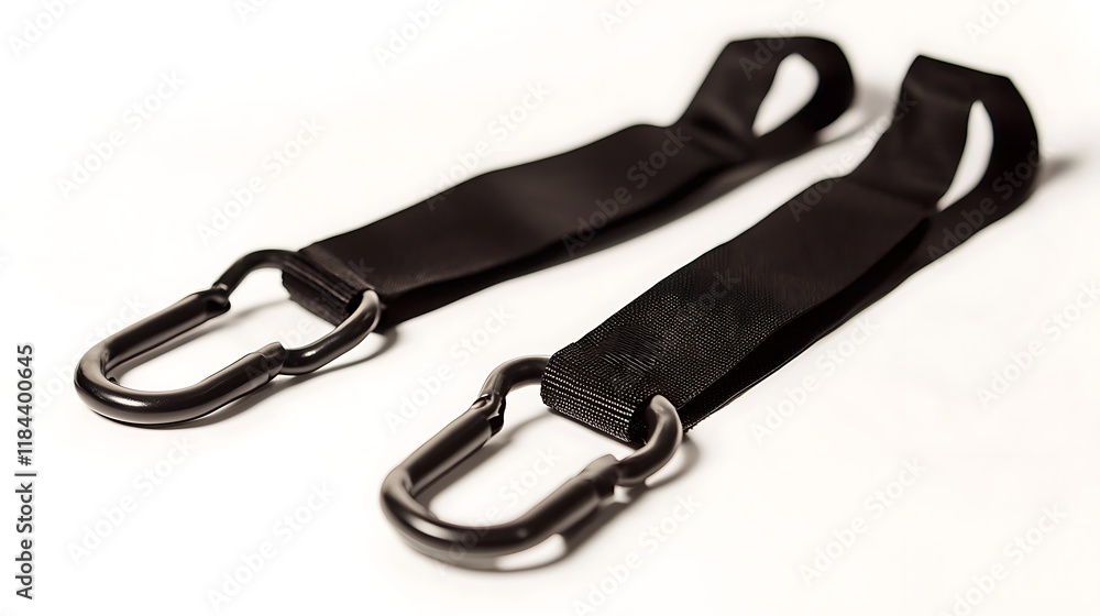 Two black straps with a metal hook on the end Two black straps with a metal hook on the end