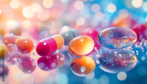 A variety of modern pills and drugs, including colorful capsules and translucent gel pills, spread out on reflective glass, highdetail pharmaceutical scene photo