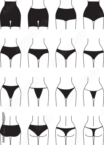 pants.epsSet of women panties, underwear types string, thong, tanga, bikini. Cheeky, hipster, classic brief, slip, retro high waist or slimming underclothing collection.