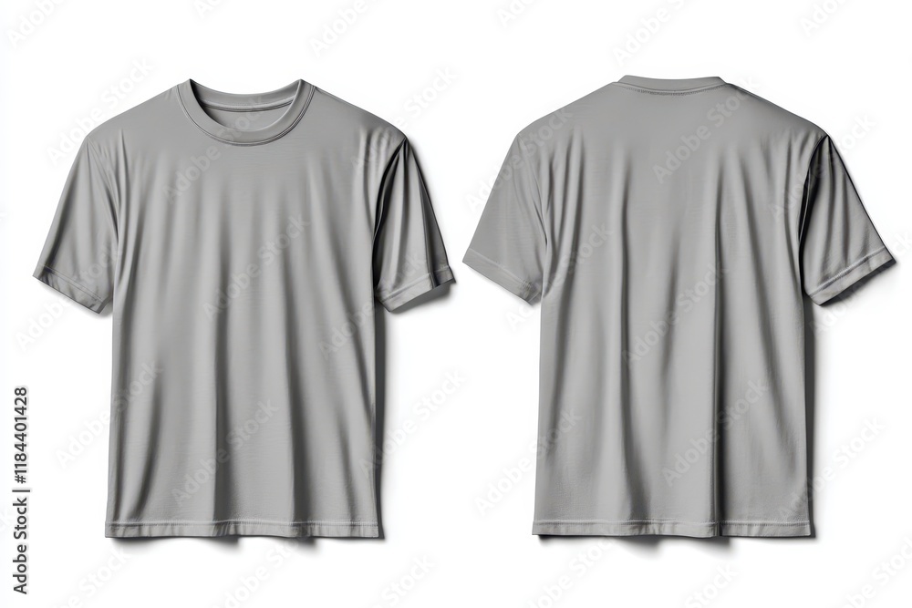 Grey T-shirt mockup, front and back views, on white background, apparel design Grey T-shirt mockup, front and back views, on white background, apparel design