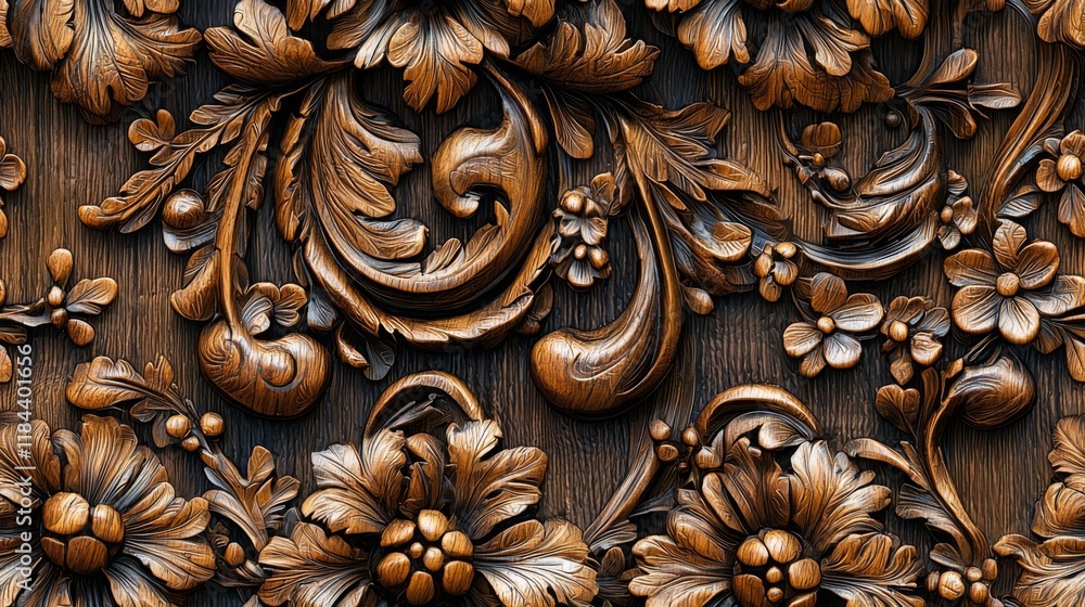A detailed wooden carving featuring intricate floral patterns and swirls, showcasing craftsmanship and artistic design. A detailed wooden carving featuring intricate floral patterns and swirls, showcasing craftsmanship and artistic design.