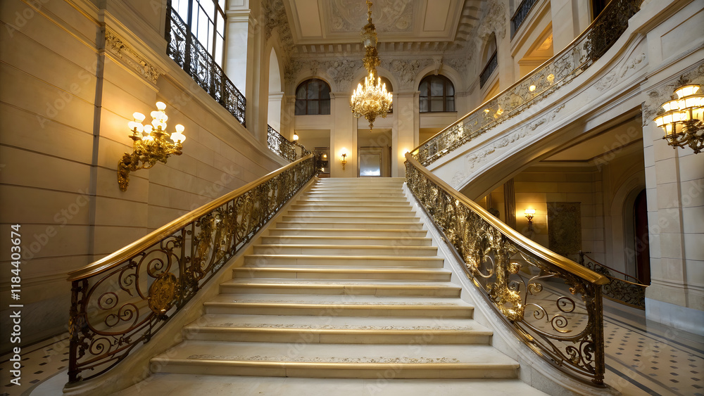 Obraz premium A grand staircase with a gleaming golden banister and ornate, intricate railings stretches upwards, leading into a magnificent hall