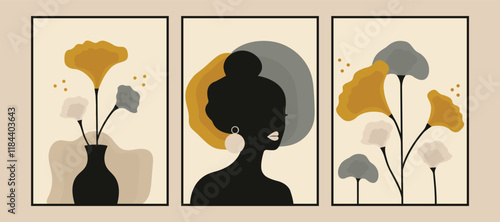 abstract wall decoration pictures set with flowers and woman on it flat vector illustration
