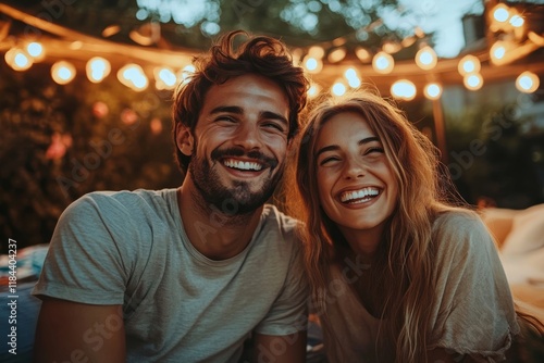 Happy couple enjoying in movie night with friends in backyard. Generative AI