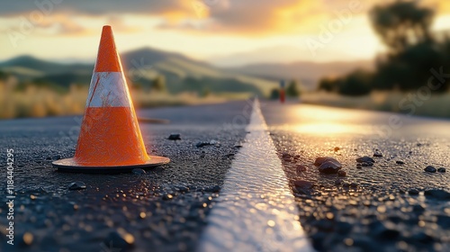 Close up of orange traffic cone placed on wet road with reflective surface during sunrise. Distant horizon