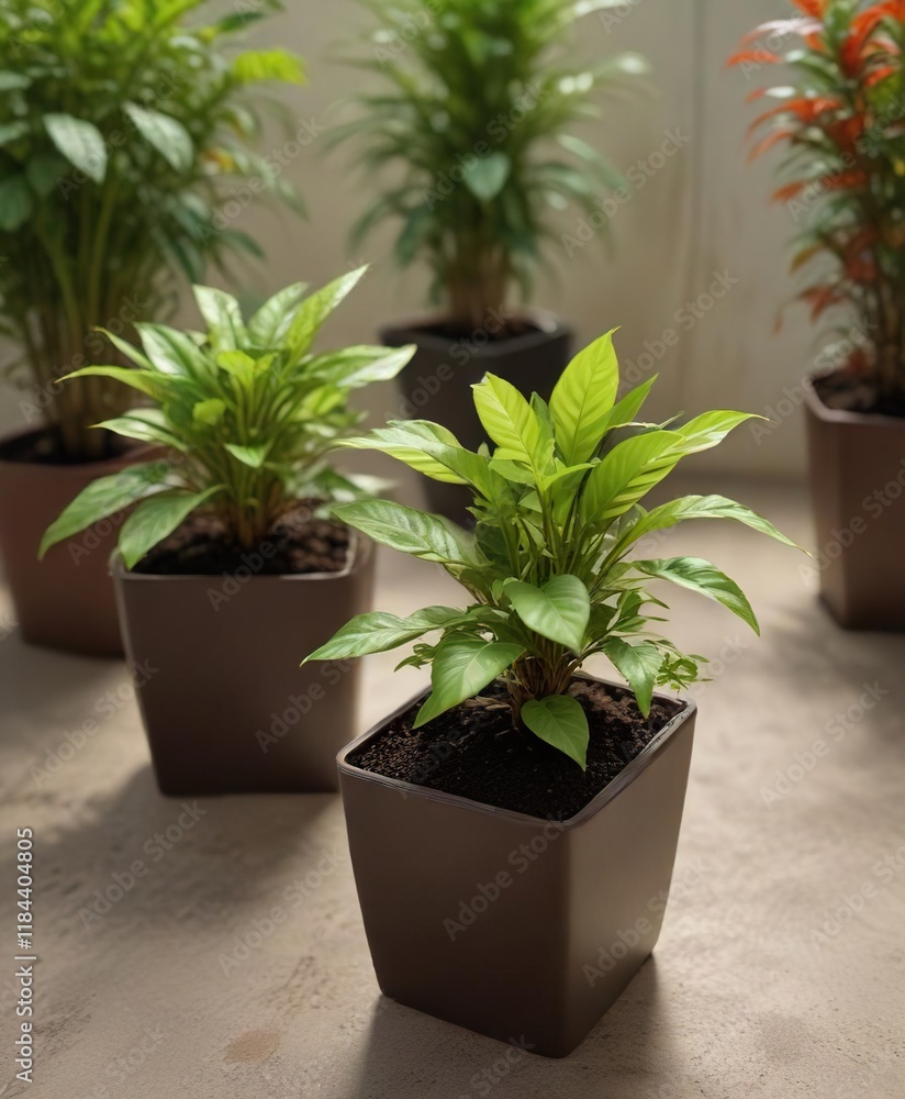 Fototapeta premium Alternanthera brasiliana seedlings in a planter with other plants, arrangement, seedlings, plants