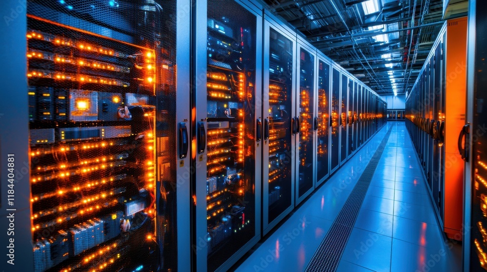 Futuristic Data Server Room With Glowing Racks and Fiber Optic Connections in High Tech Data Center