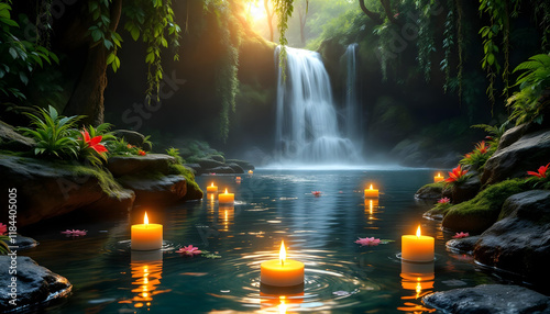 Jungle watterfall in evening candles photo