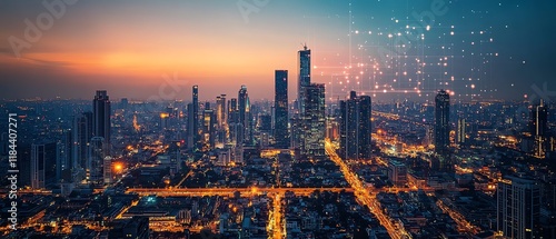 Futuristic digital real estate market, modern cityscape with towering skyscrapers, financial technology, blockchainpowered transactions, growth in urban development photo