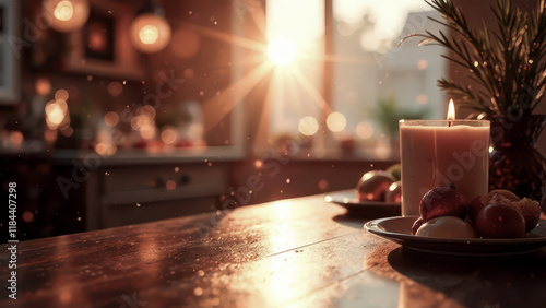 Candle on the Table with Sunlight Shining Through the Window: Home Interior