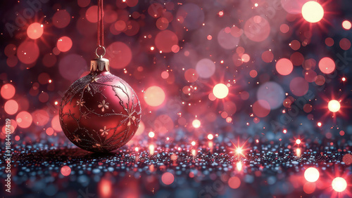 Red New Year's Ball Ornament on a Sparkling Festive Background