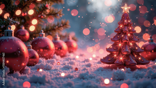 Red Christmas Tree and Baubles on Festive Background, Street Covered in Snow