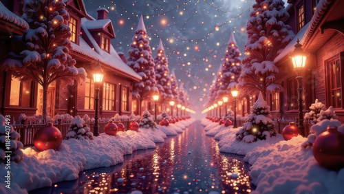 Decorated Street and Homes for New Year and Christmas