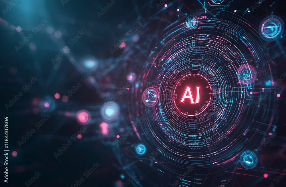 Fototapeta premium AI Revolution: Futuristic digital interface with glowing AI symbol at center. Abstract technology background, perfect for innovation and artificial intelligence concepts. 