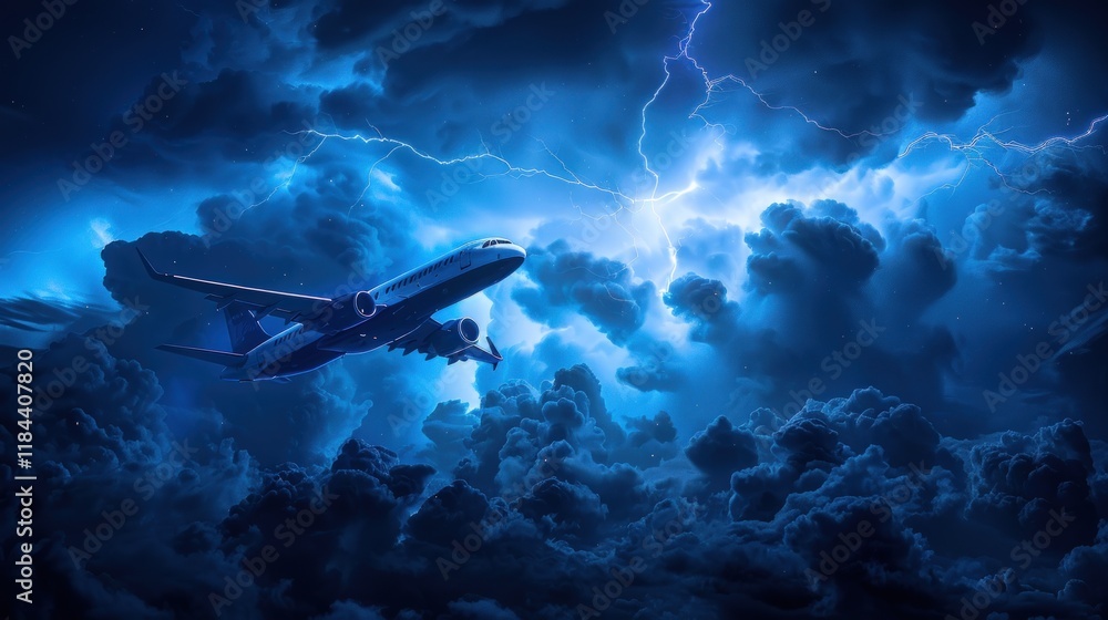 Fototapeta premium Airplane flying through stormy clouds and lightning.