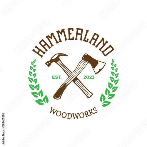 Woodwork hammer carpentry vintage badge logo template vector illustration.