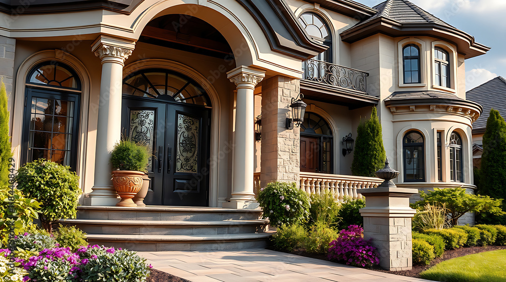 Exterior View of a Large House with Arched Entryway and Landscaping Exterior View of a Large House with Arched Entryway and Landscaping