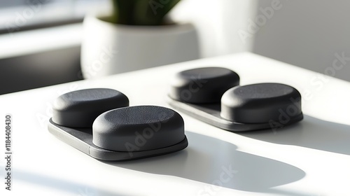 Two black objects on a white table photo