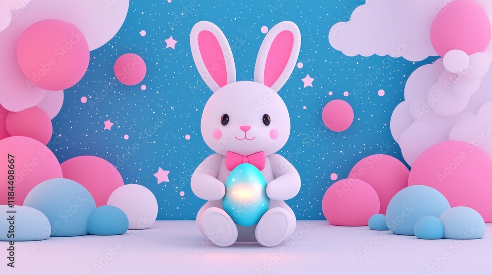 Fototapeta premium A cute, stylized bunny holds a glowing egg in a vibrant pastel setting with colorful clouds and stars.
